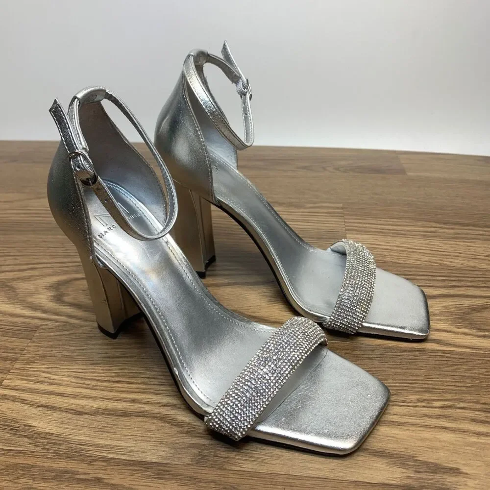 Marc Fisher Women Angelo Heeled Sandals Size 7M Silver Leather Party Embellished